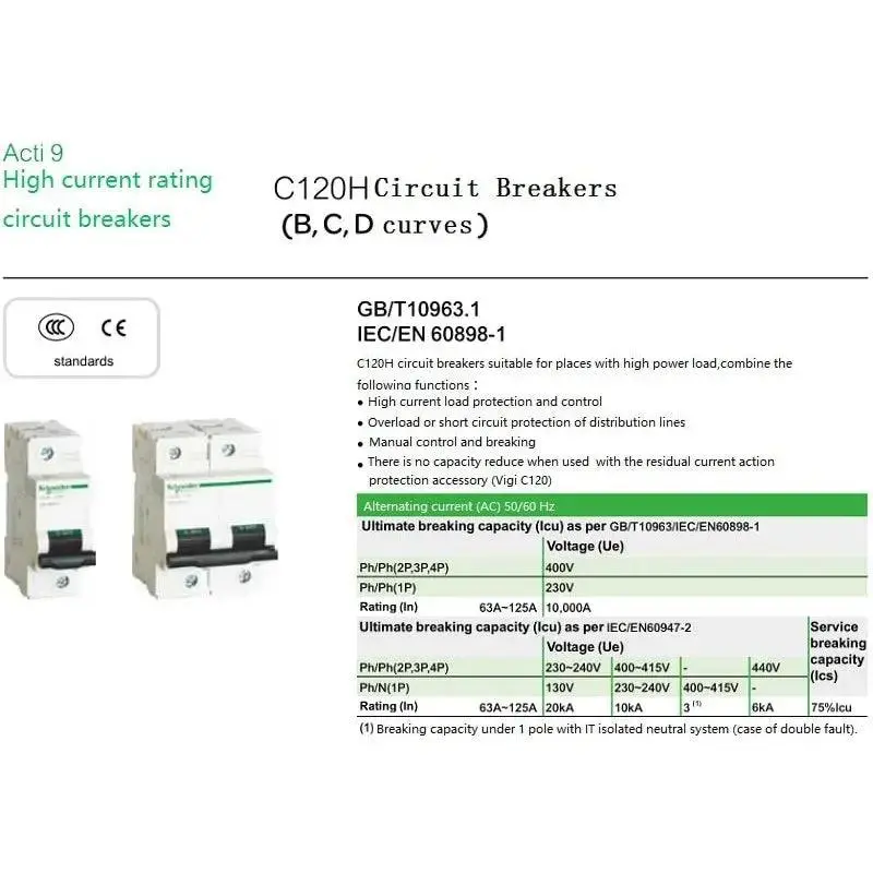 Schneider- High Power 10Ka Circuit Breaker C120h | 1P 63A Up To 125A 4