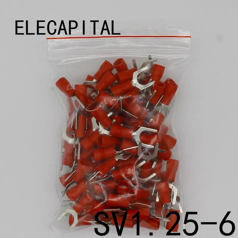 Sv1.25-6 Red Terminal Cold Pressed Terminals Cable Wire Connector 100Pcs/Pack Spade Crimp Spade Terminal Connector Sv1-6 Sv 1