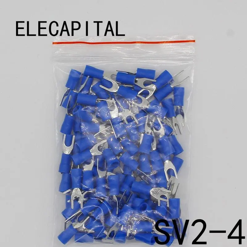 Sv2-4 Blue Furcate Cable Wire Connector 100Pcs/Pack Furcate Pre-Insulating Fork Spade 16~14Awg Wire Crimp Terminals Sv2.5-4 Sv 1