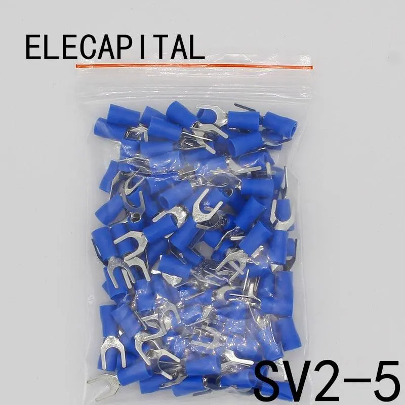 Sv2-5 Blue Furcate Insulated Wiring Terminals Cable Wire Connector 100Pcs/Pack Insulating Cable Lug Terminals Sv2.5-5 Sv 1