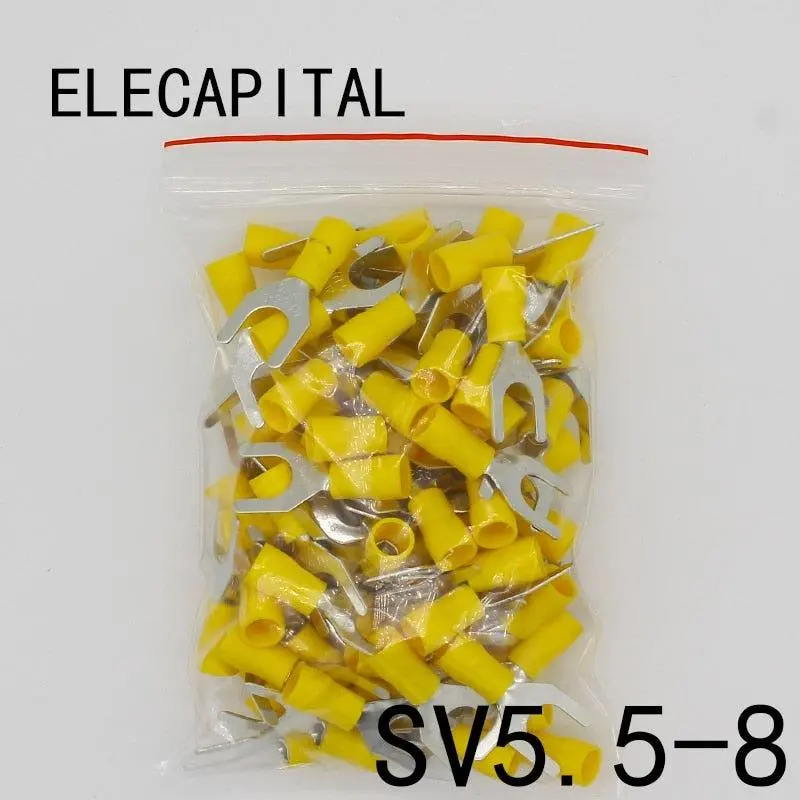 Sv5.5-8 Yellow Terminal Cable Wire Connector 50Pcs Insulated Fork Spade Crimp Connector Terminals Electrical Wiring Sv5-8 Sv 1