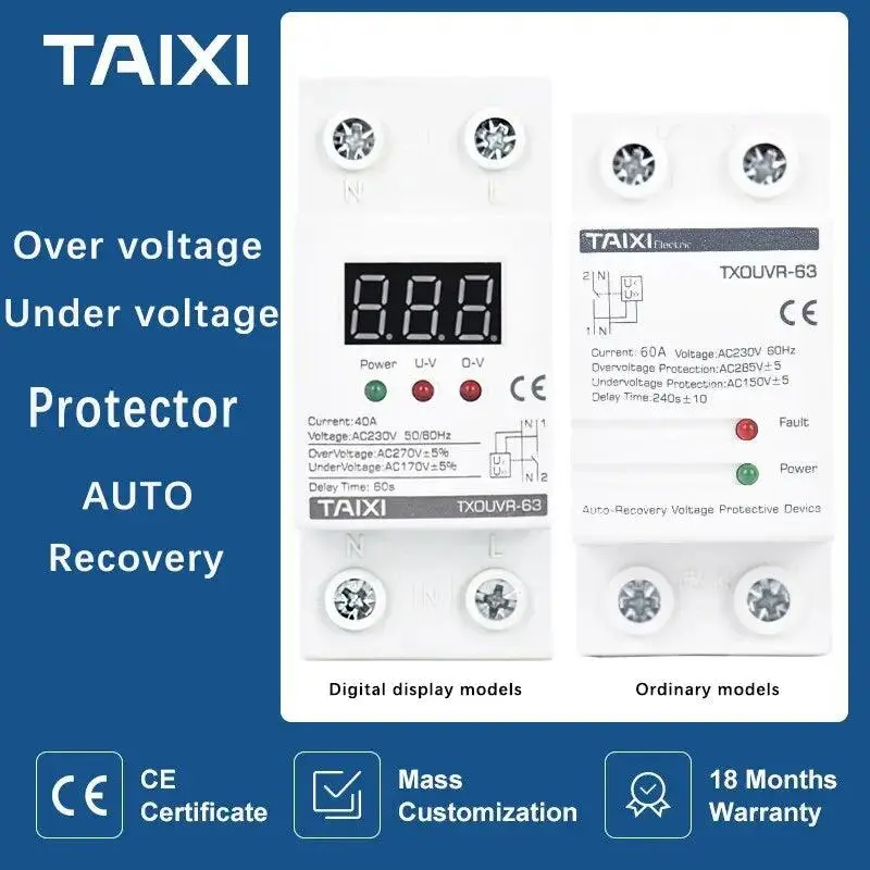 Taixi- Ac230v 40A 63A Din Rail Automatic Reconnect Over /Under Voltage Protecor 1