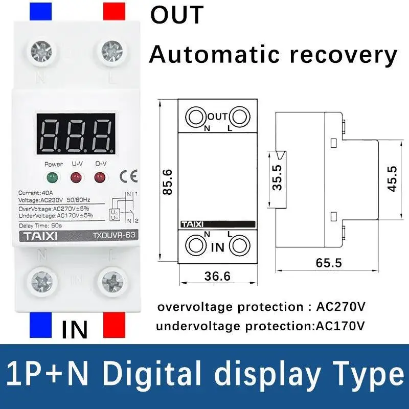 Taixi- Ac230v 40A 63A Din Rail Automatic Reconnect Over /Under Voltage Protecor 2