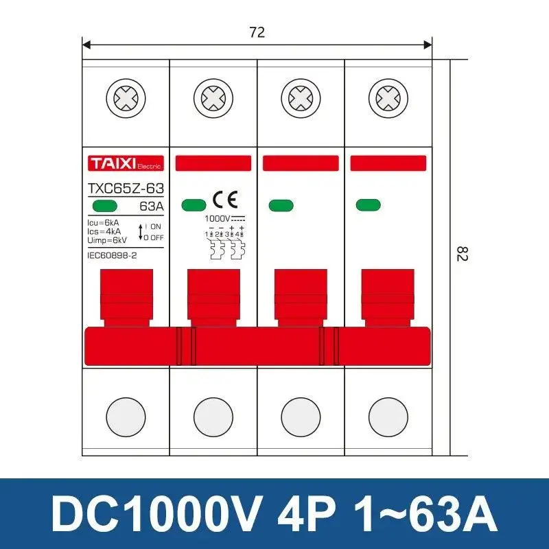 Taixi- Solar Photovoltaic Dc Circuit Breaker Mcb 4P/1000V 6
