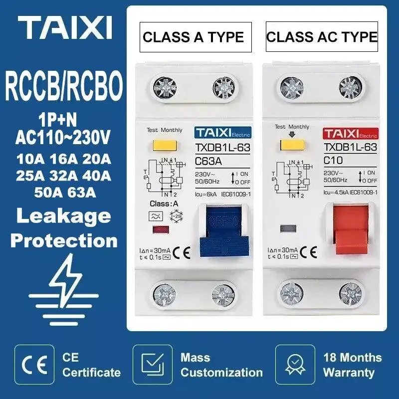Taixi-  Type A / Ac Rcbo Dpnl Breaker 1P+N | 16A 20A 32A 40A 50A 63A 1