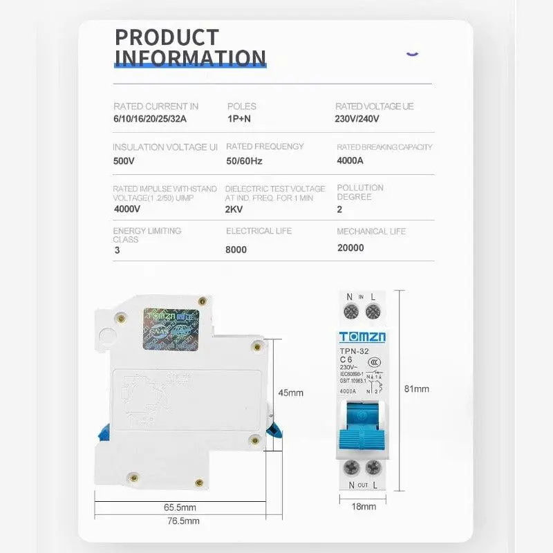 Tomzn- Tpn 1P+N Mini Circuit Breaker Mcb| 6A Up To 32A 2