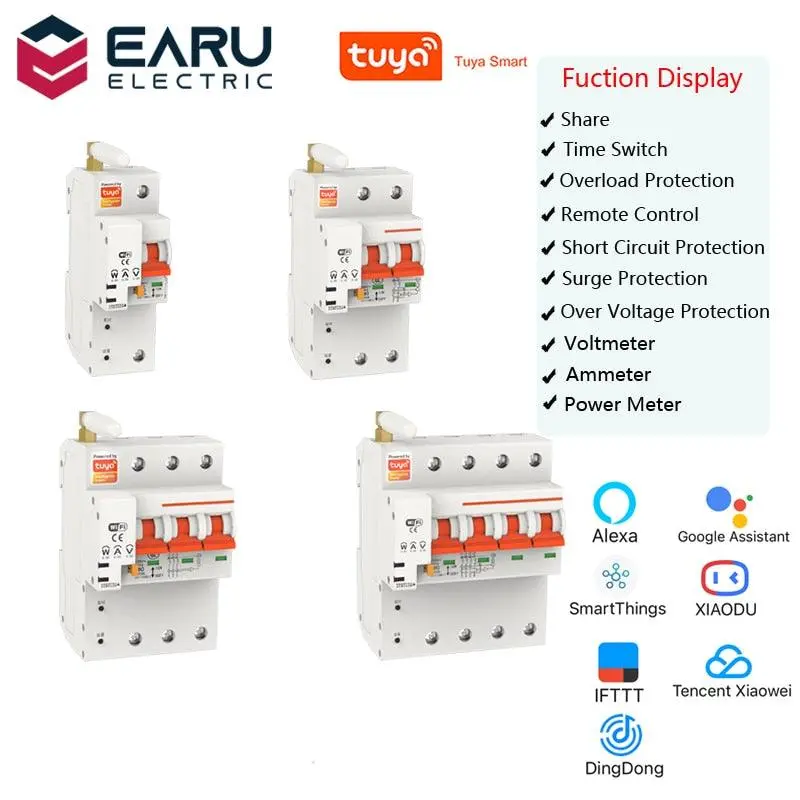 Tuya 1-4P 10-100A 220V Smart Wifi Circuit Breaker Switch Power Energy Consumption Kwh Meter Voltmeter Ammeter Voltage Monitor 1