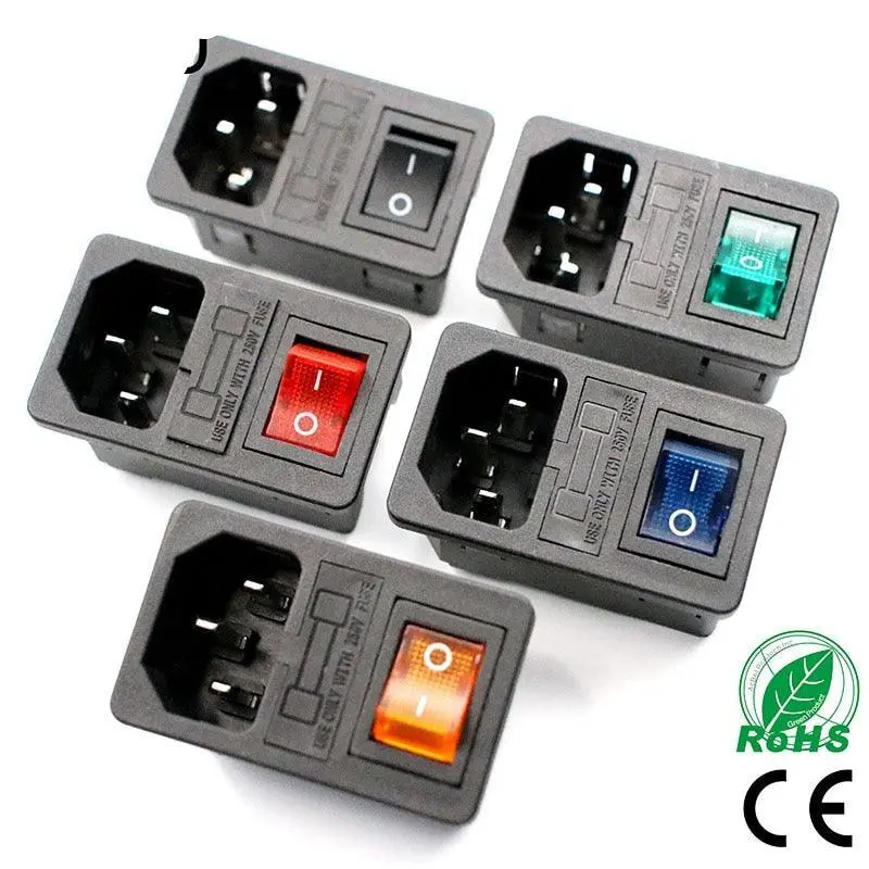 With 10A Fuse! Red Rocker Switch Fused Iec320 C14 Inlet Power Socket Fuse Switch Connector Plug Connector Red Green Blue Black 2