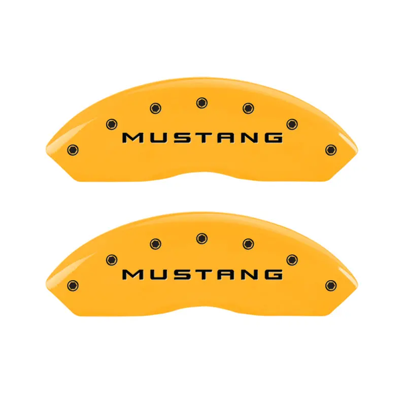 Mgp Engraved Caliper Covers For 2004 Ford Mustang – Front 4-Piston And Rear Bar Design With Yellow Pony Logo On Black Charcoal Finish 1