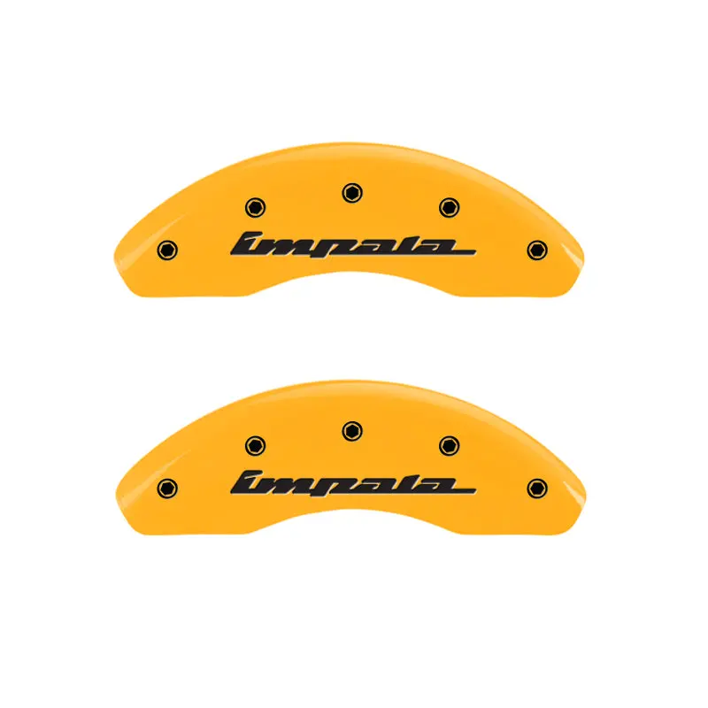 Mgp Engraved 4-Piston Caliper Covers – Front & Rear, Impala Yellow Finish With Black Contrast 1